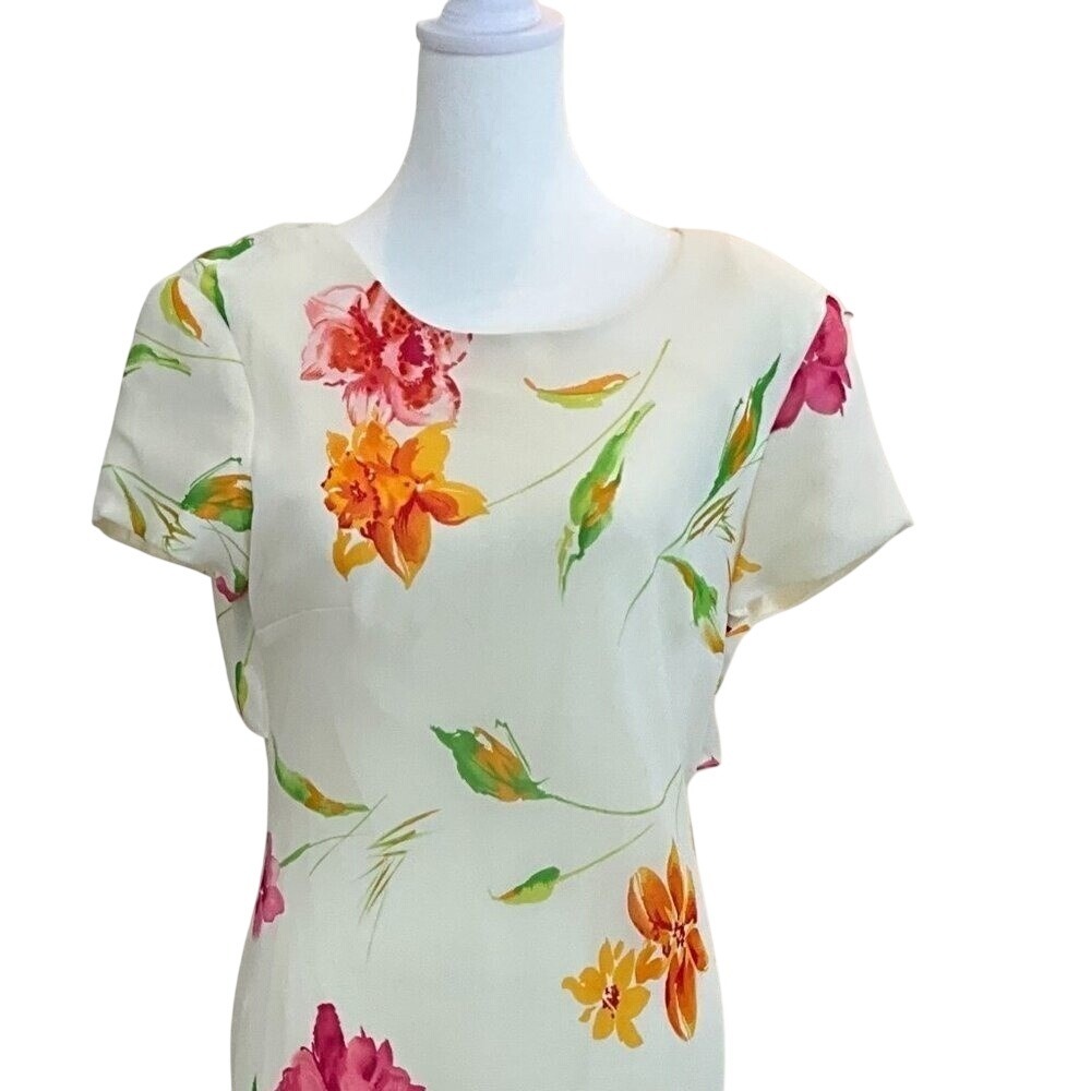 Vintage Floral Maxi Dress White Pink Orange Short Sleeve Tie Back Gown